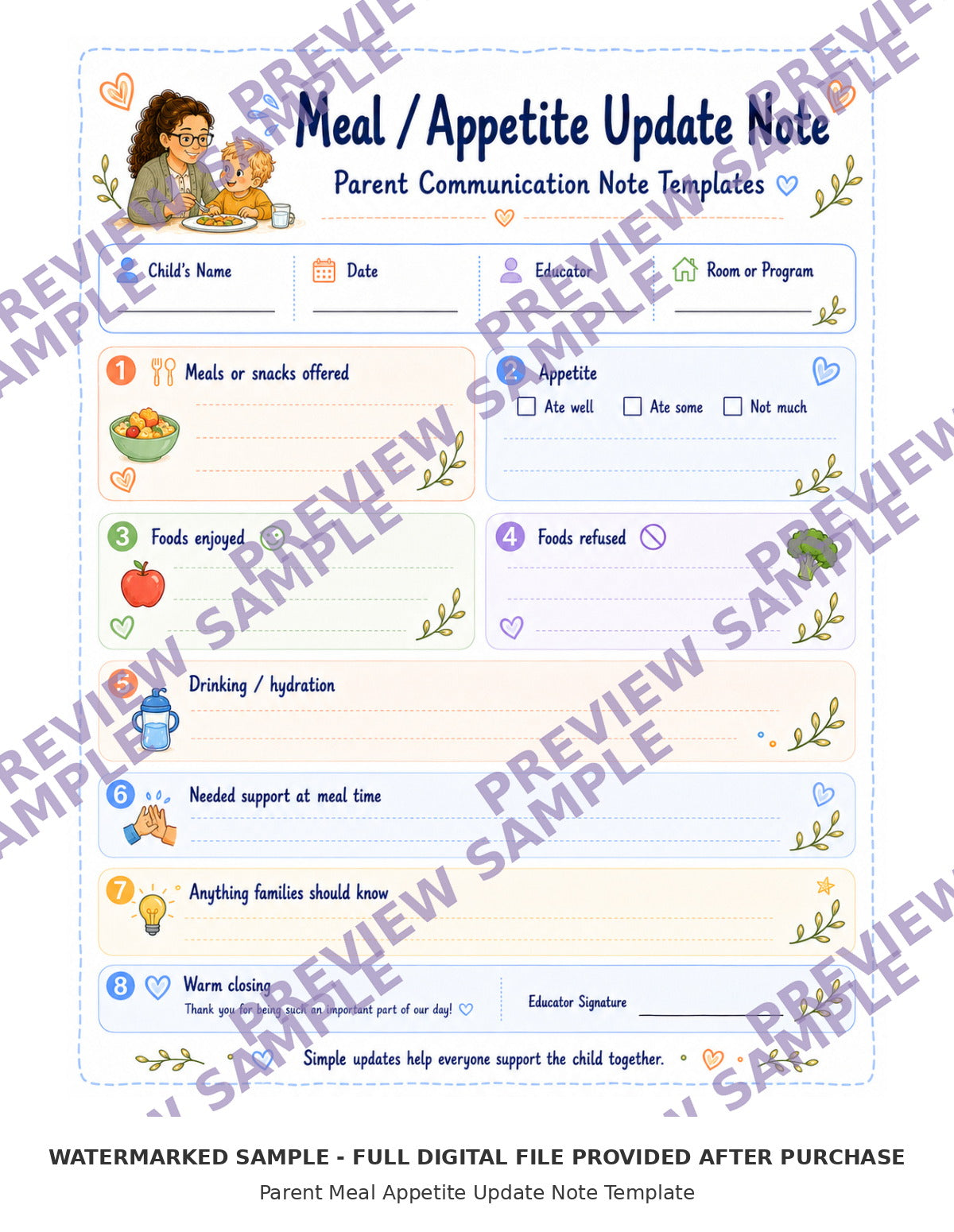 Parent Meal Appetite Update Note Template