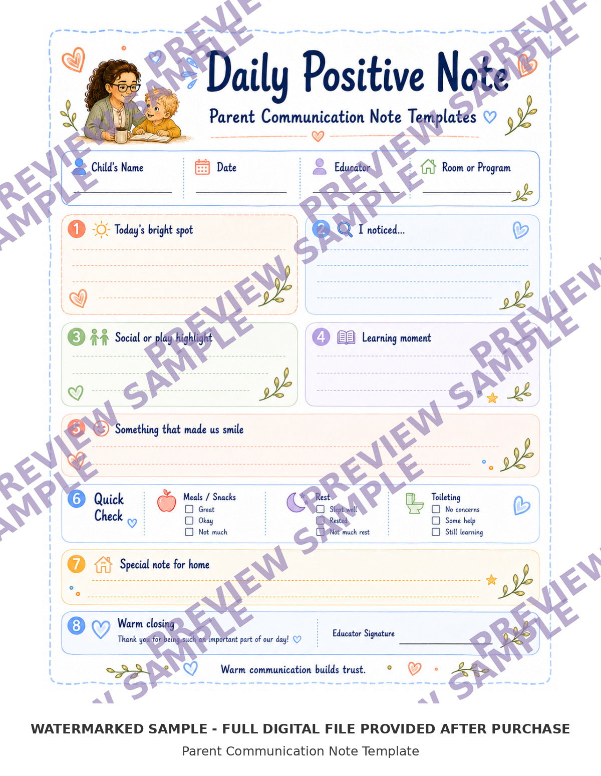 Parent Communication Note Template